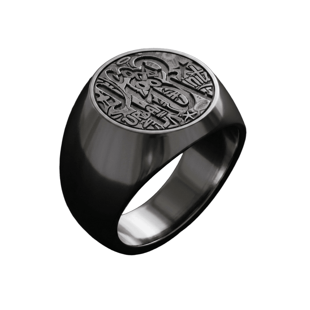 Round signet ring, graffiti text engraved on the face