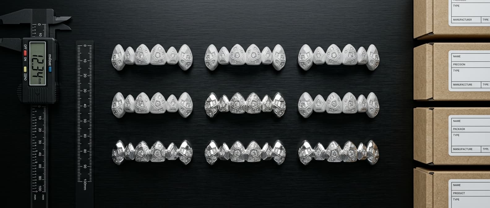 Overhead flat-lay on a brushed black-anodized aluminum bench: six identical 925-sterling grillz units arranged in a 3×2 grid, mid-pipeline — three cast and unpolished, three mirror-polished. Caliper, fiducial scale bar, and unbranded kraft-fiber packaging boxes positioned alongside.