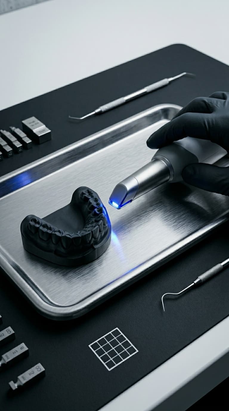 Intraoral 3D scanner wand on a brushed-steel surgical tray alongside a sub-25-micron cast of an upper dental arch in a clear retainer. White nitrile-gloved hand resting at the wand grip — the terminal interface between operator and capture device.