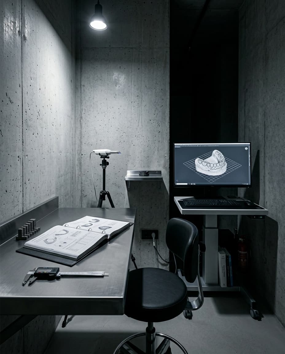 Lab interior from the reception threshold: brushed-steel wall-mounted bench, CAD workstation with calibration monitor, intraoral scanner on a tripod stand. Raw concrete walls, single overhead key light.