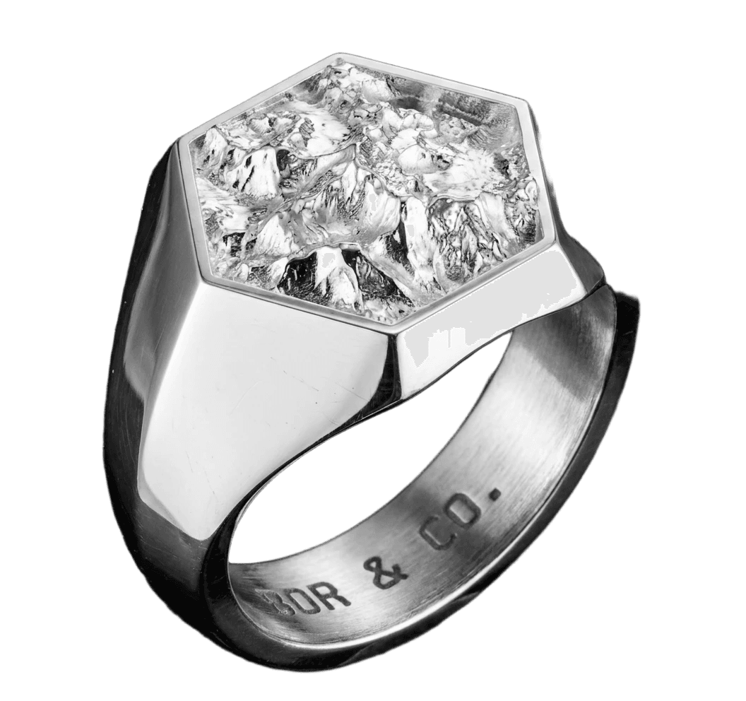 925 sterling silver hexagon signet ring with Mt Everest / Khumbu massif terrain relief on the table, mirror-polished finish, background removed.