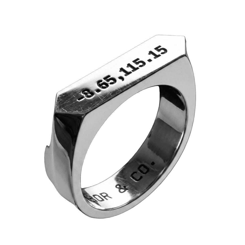 925 sterling silver Leicester signet ring with GPS coordinates engraved into the table, mirror-polished finish, background removed.
