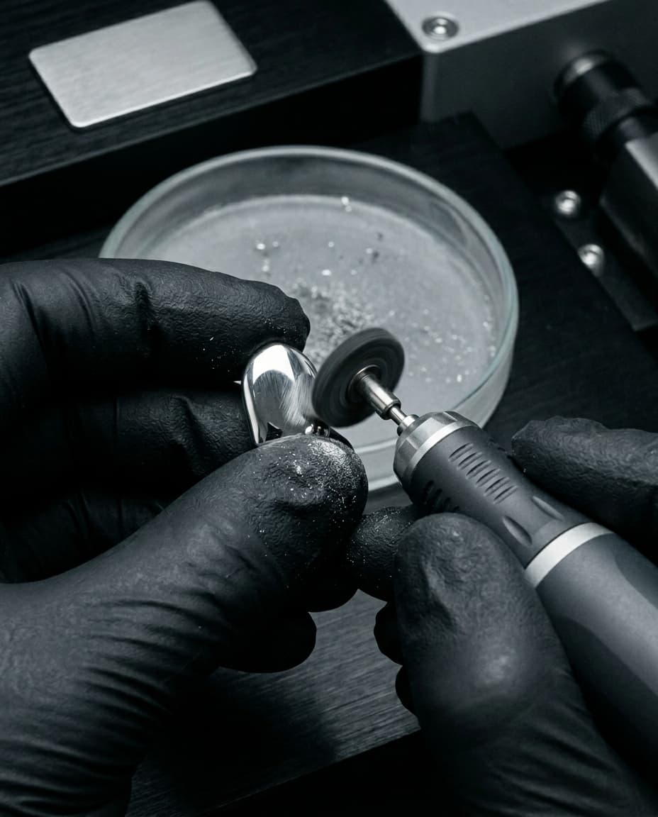 Brushed stainless-steel lab bench. Gloved hand mid-stone-setting onto a 3D-printed dental cast clamped in a black-anodized fixture; caliper and hand-piece file laid out in supporting frame.