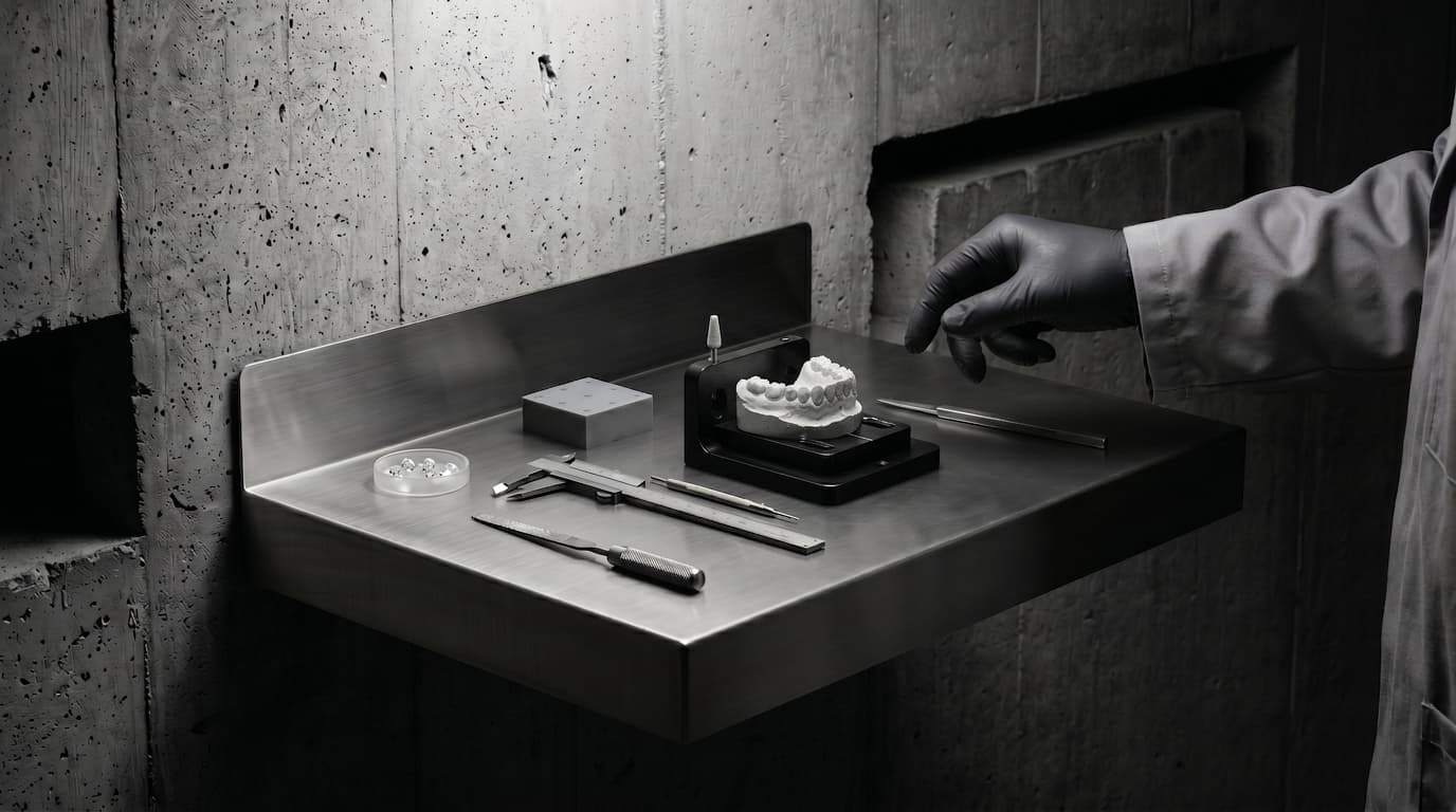 Brutalist wall-mounted stainless-steel bench in concrete-walled lab. Gloved hand setting stones on a 3D-printed dental cast with grillz, caliper and hand-piece file laid out alongside a petri dish of diamonds.