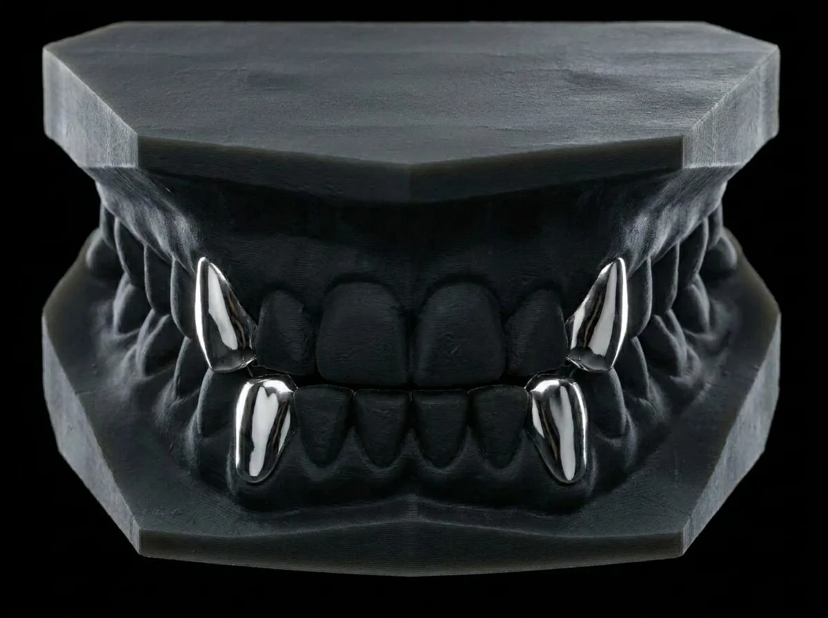 Fangs — solid silver caps on all four canines