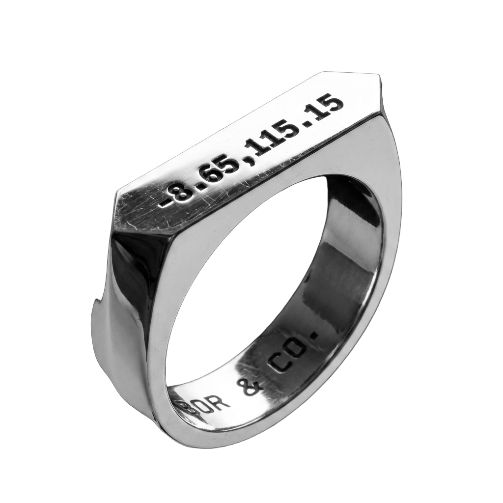 925 sterling silver Leicester signet ring with GPS coordinates engraved into the table, mirror-polished finish, background removed.
